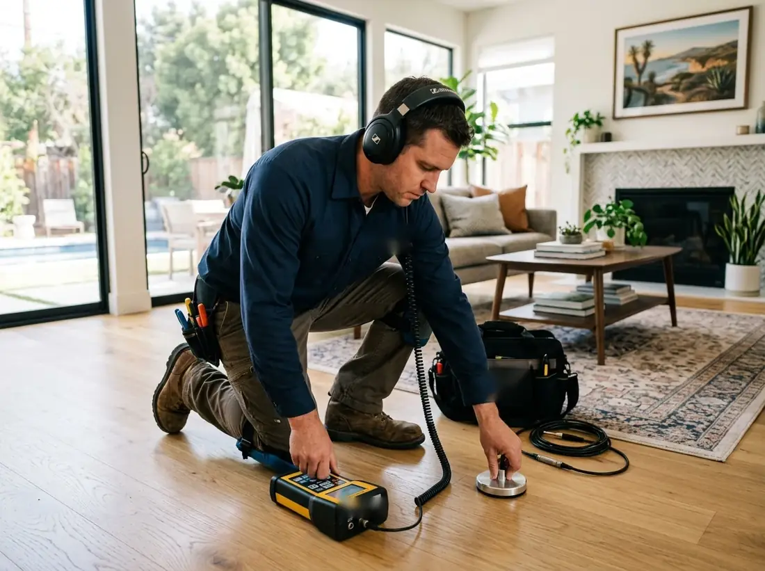 Leak detection technician using acoustic equipment in a Whittier living room